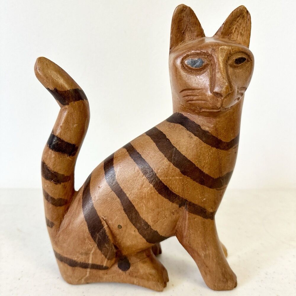 Wooden Hand Carved Sitting Cat Stripped With Curled Tail Rustic‎ Brown